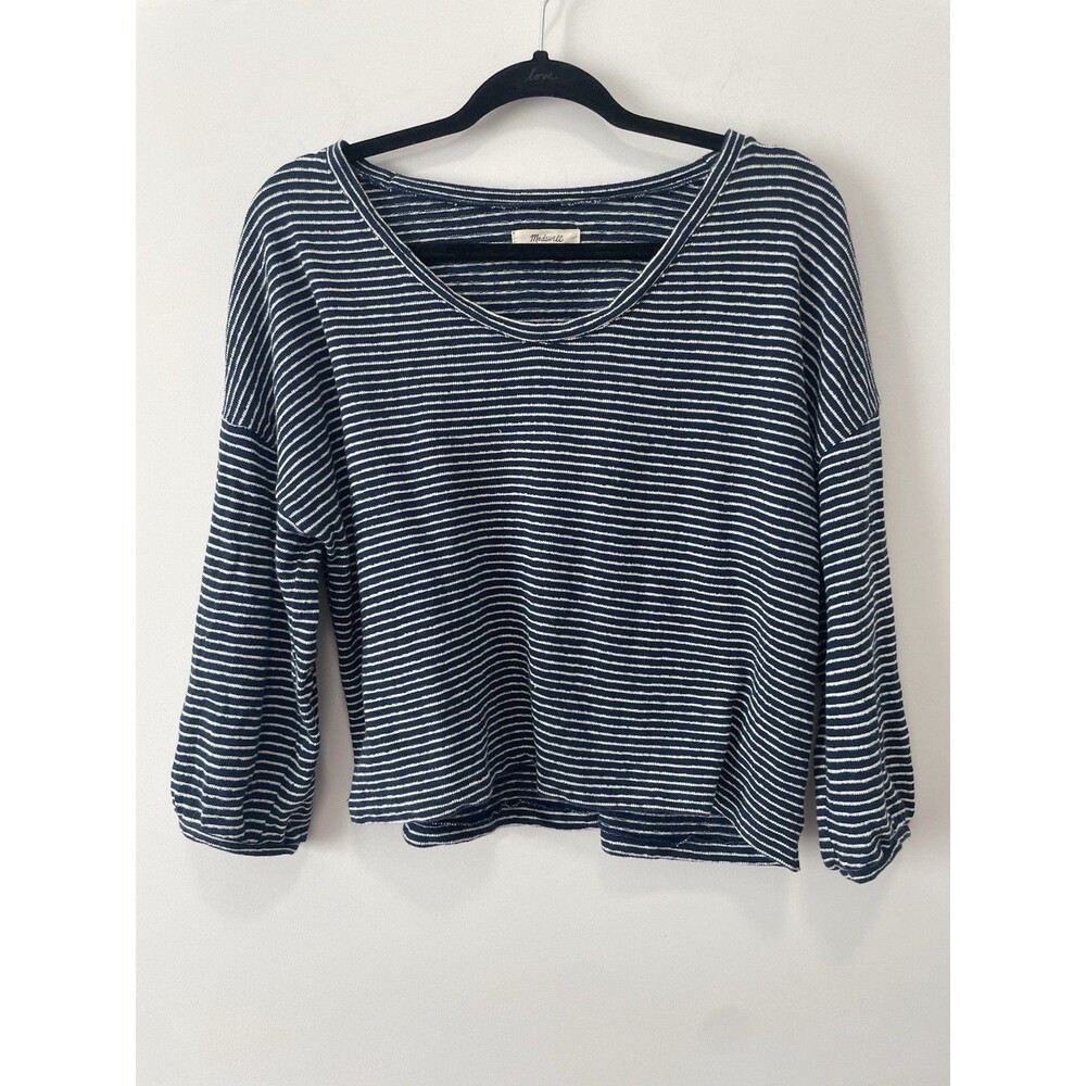 Madewell Crop Sweatshirt Bubble Sleeve Top Size M Blue White Striped Neutral